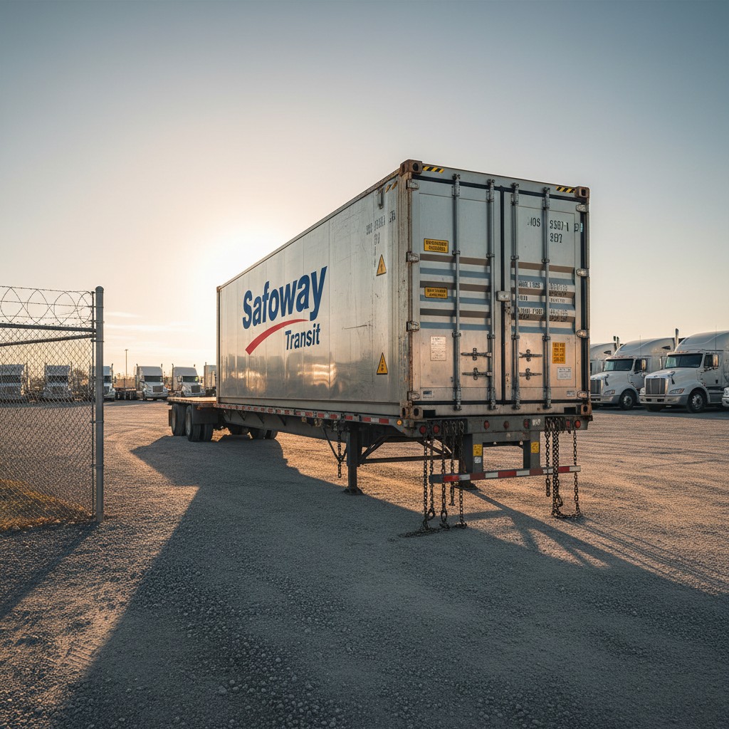 *Safeway Transit cargo container on a flatbed connected to a tractor, in a large lot filled with other similar vehicles du...