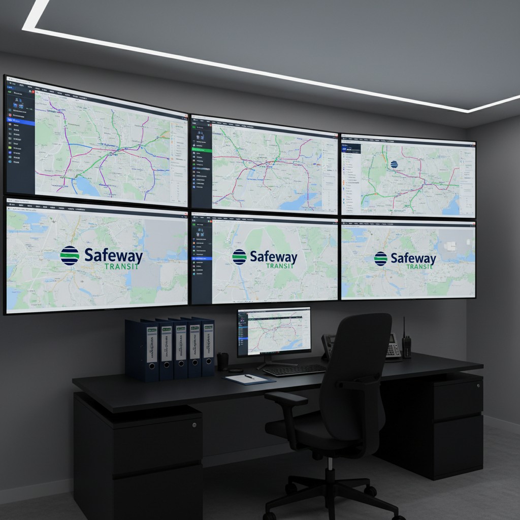 Large screen displays are hanging from a wall above a desk in this image. These displays are close together and constructe...
